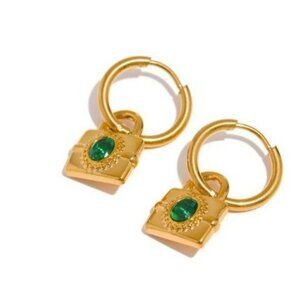 Emerald Green Cubic Zirconia 18K Gold Plated Lock Dangle Earrings NEW